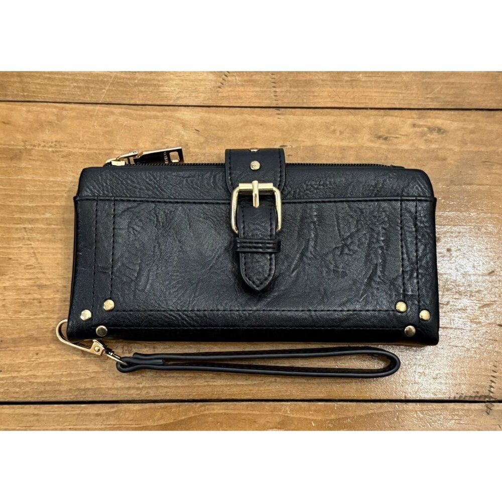 Jen & Co Cadence Buckle Wallet Black Gold Hardware Clutch Wristlet Vegan Leather